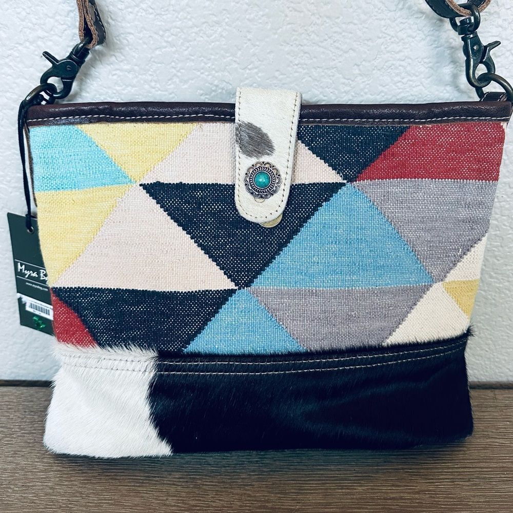 Myra Bag Leather Cowhide Patchwork Fabric Aztec Shoulder Bag Purse
